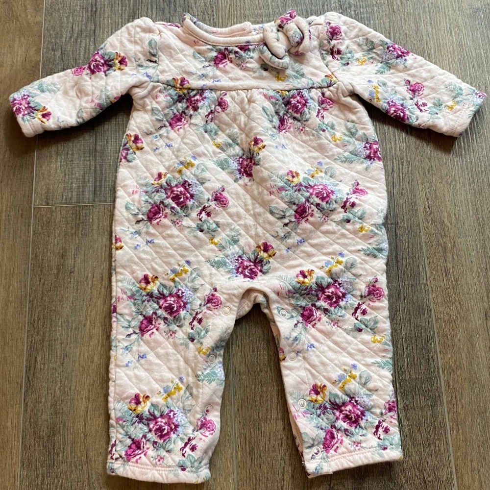 Janie and Jack Pink Floral Quilted Romper One-Piece 3-6 Months Long Sleeve Bow